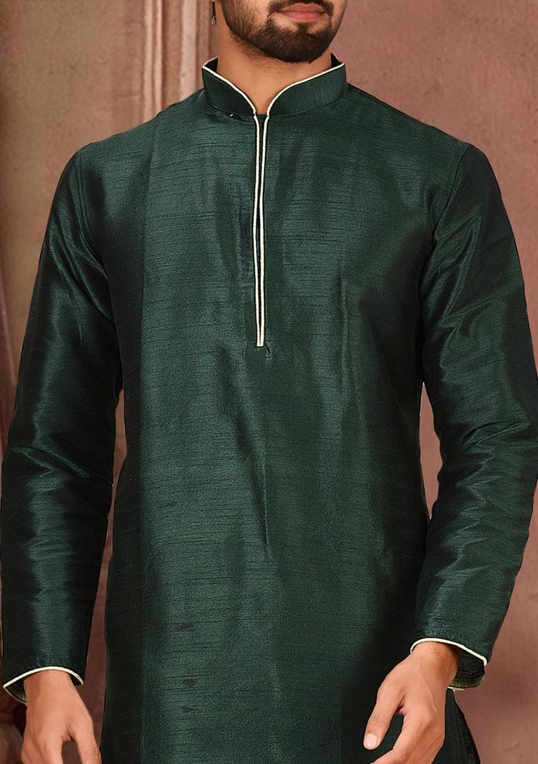 Rama Green Solid Art Silk Kurta Sets For Men