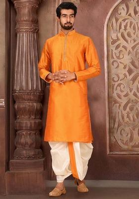 Mustard Yellow Solid Art Silk Kurta Sets For Men