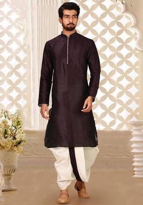 Maroon Solid Art Silk Kurta Sets For Men