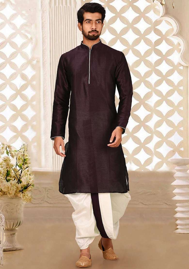 Maroon Solid Art Silk Blend Kurta Sets For Men - Indya