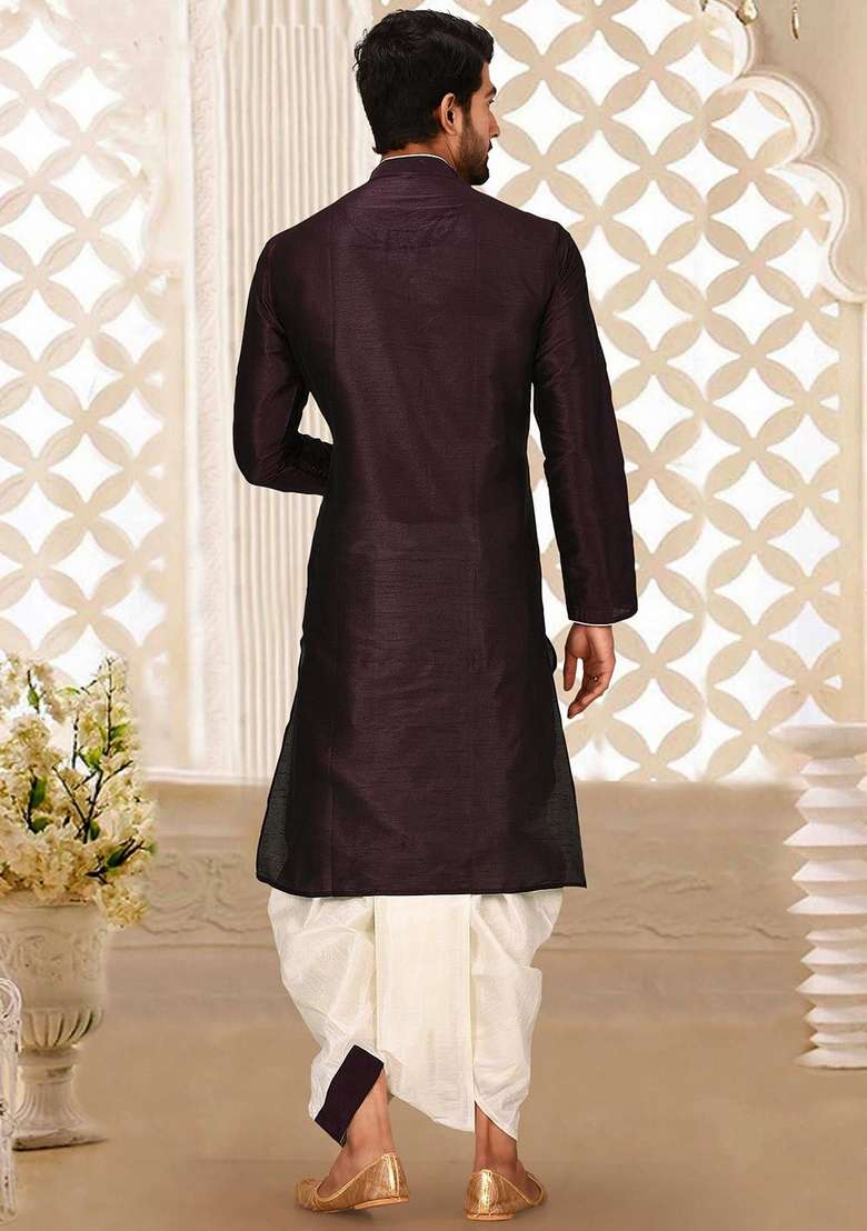 Maroon Solid Art Silk Blend Kurta Sets For Men - Indya