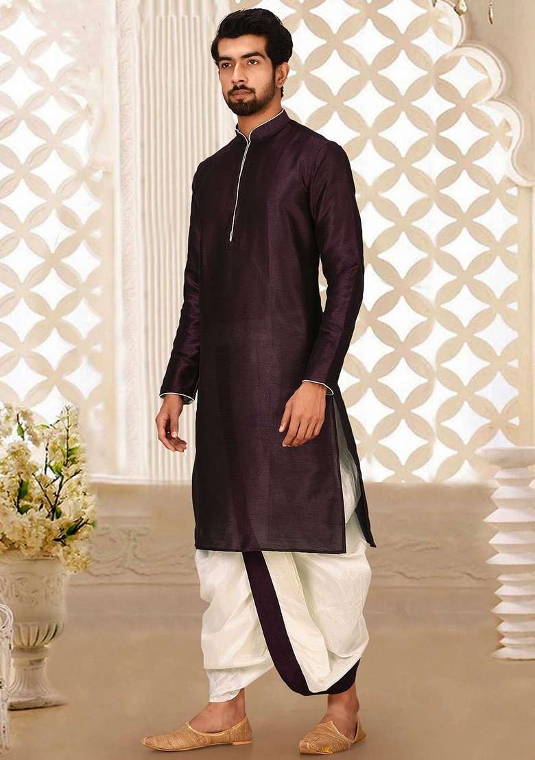 Maroon Solid Art Silk Blend Kurta Sets For Men - Indya