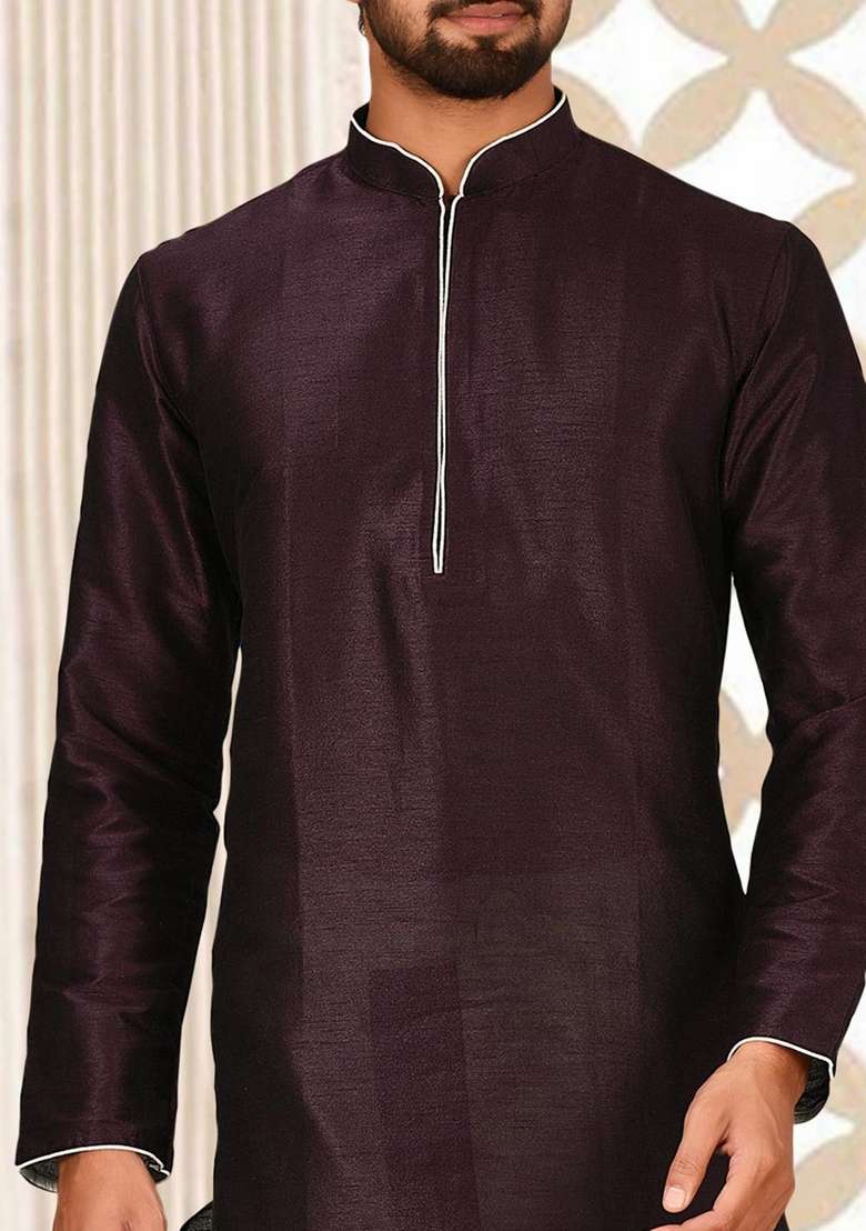 Maroon Solid Art Silk Blend Kurta Sets For Men - Indya