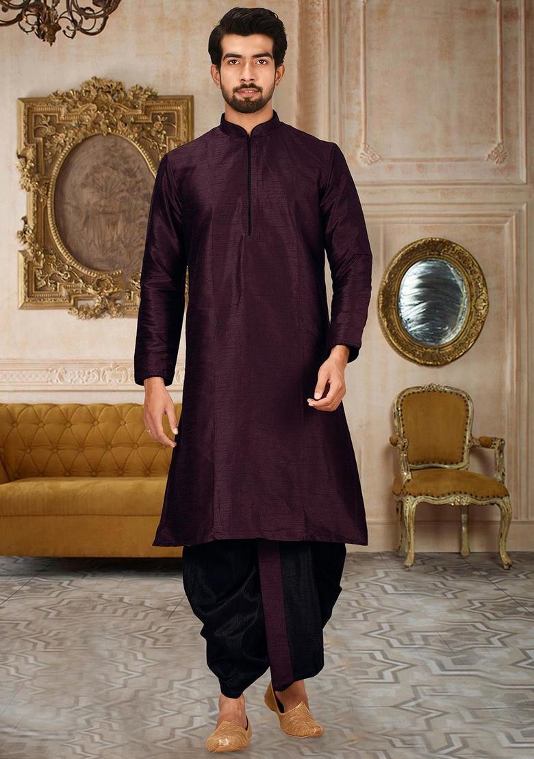 Maroon Solid Art Silk Kurta Sets For Men