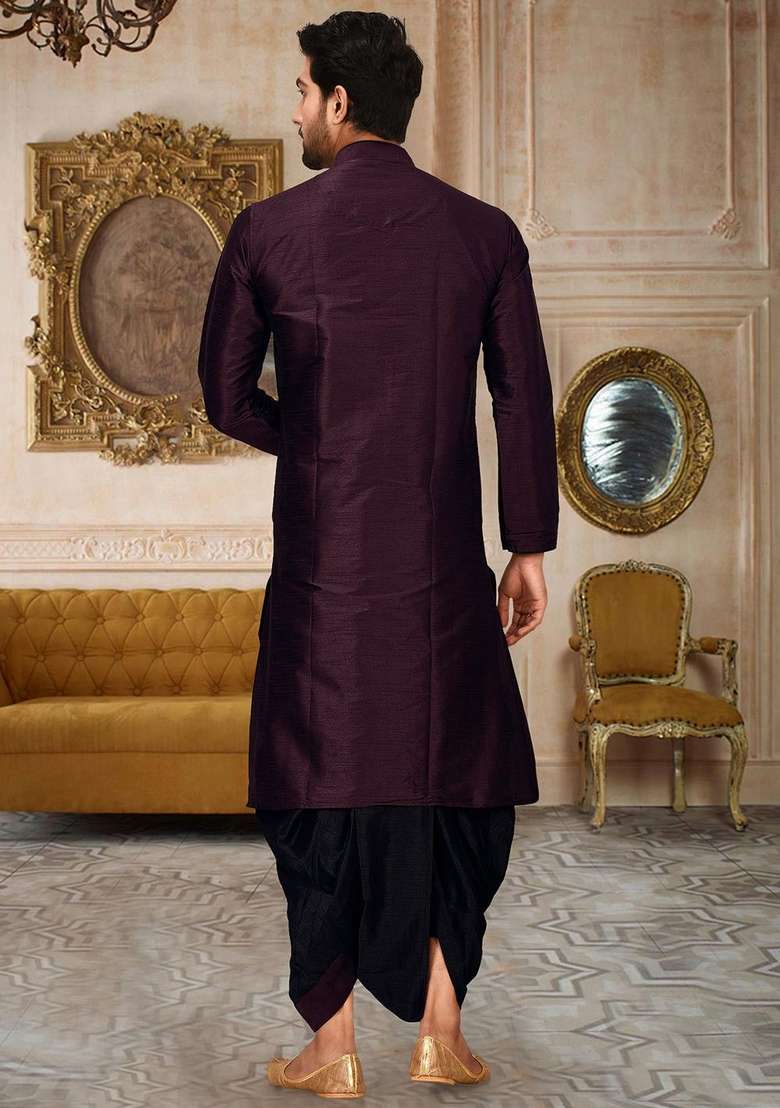 Maroon Solid Art Silk Blend Kurta Sets For Men - Indya