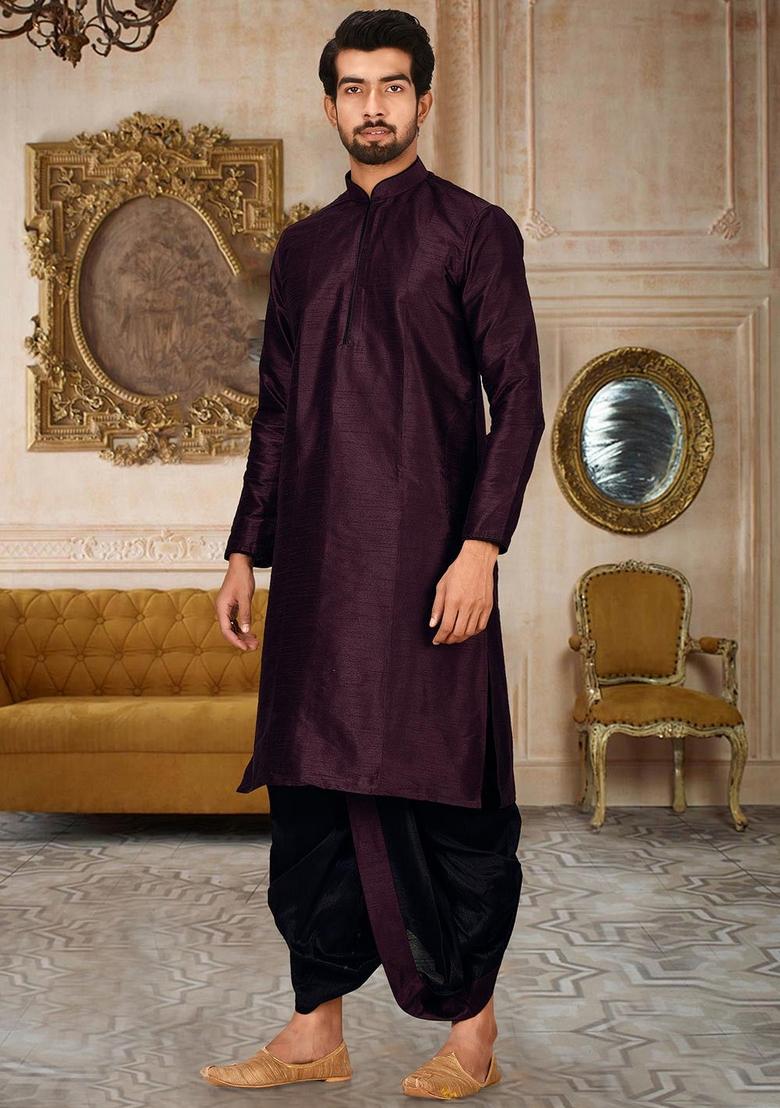 Maroon Solid Art Silk Kurta Sets For Men