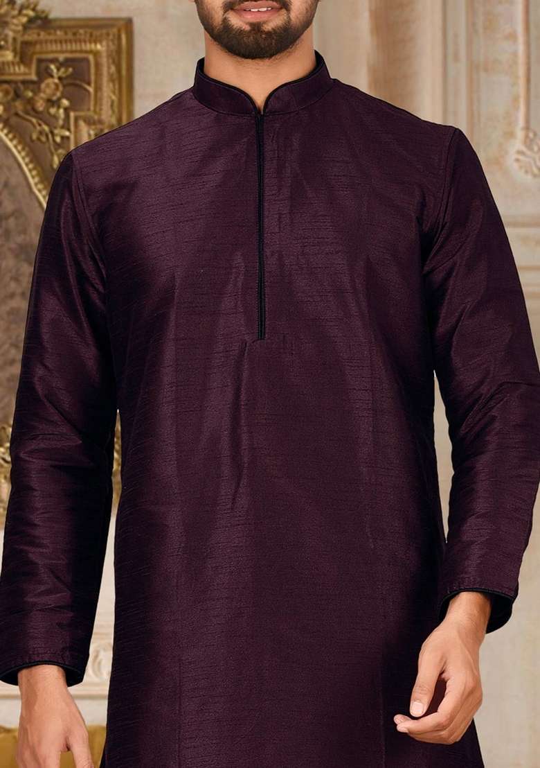 Maroon Solid Art Silk Blend Kurta Sets For Men - Indya