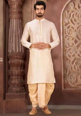Deep Cream Solid Art Silk Kurta Sets For Men
