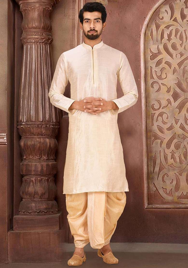 Deep Cream Solid Art Silk Blend Kurta Sets For Men - Indya