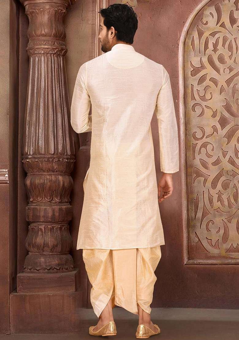 Deep Cream Solid Art Silk Blend Kurta Sets For Men - Indya