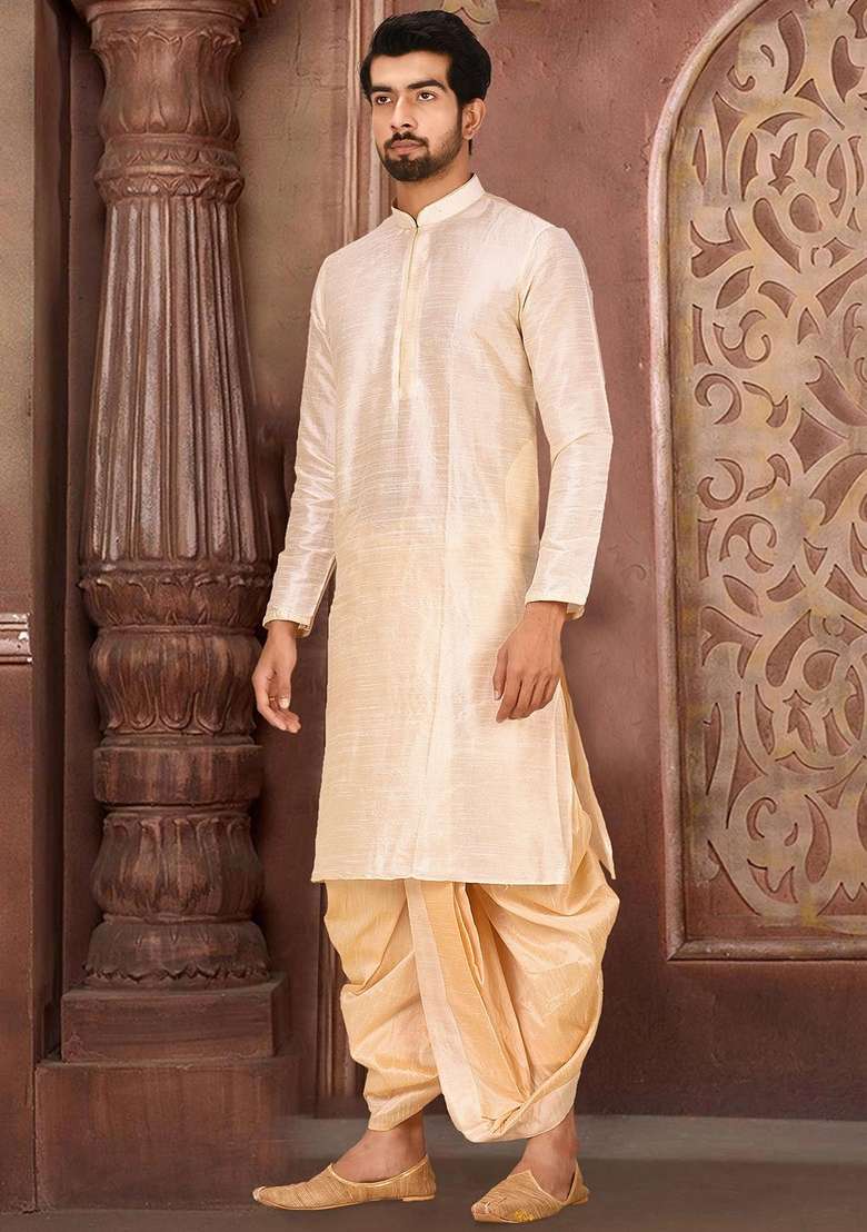Deep Cream Solid Art Silk Blend Kurta Sets For Men - Indya