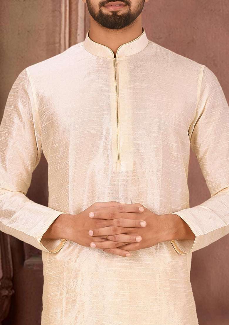 Deep Cream Solid Art Silk Blend Kurta Sets For Men - Indya