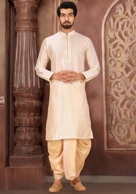 Deep Cream Solid Art Silk Kurta Sets For Men