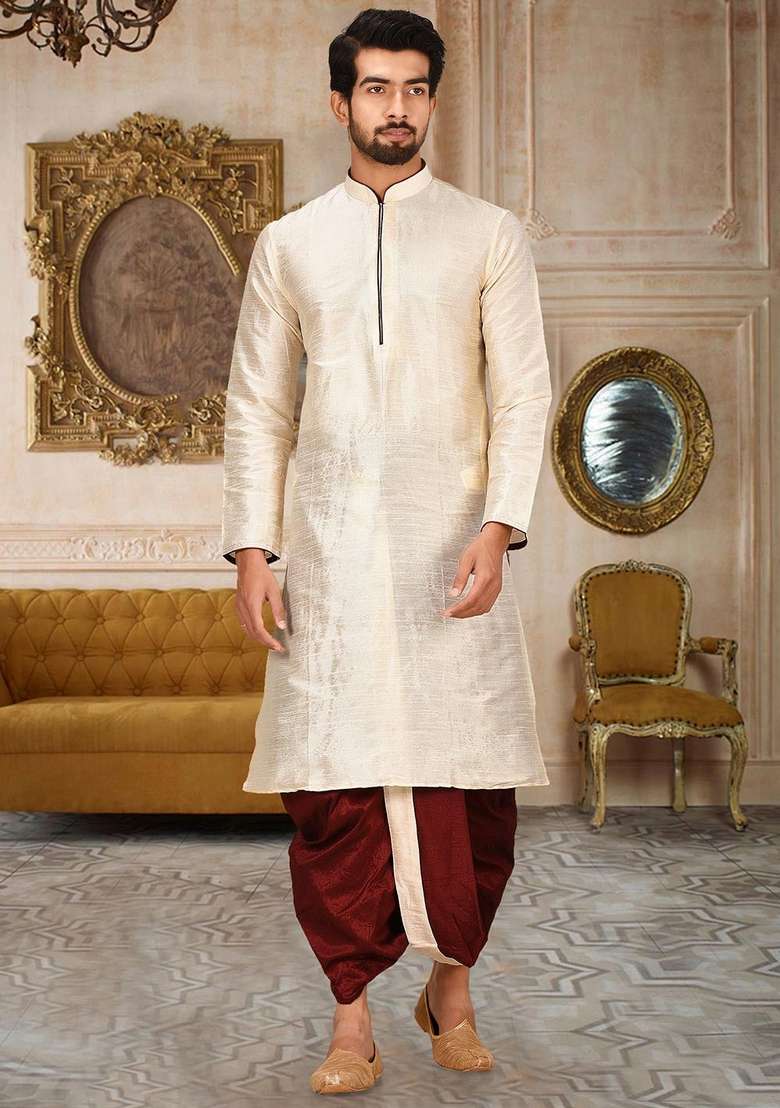 Deep Cream Solid Art Silk Blend Kurta Sets For Men - Indya