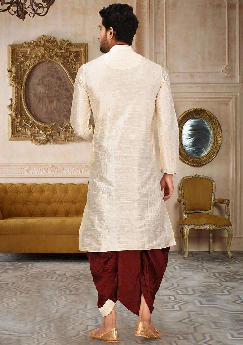 Deep Cream Solid Art Silk Blend Kurta Sets For Men - Indya