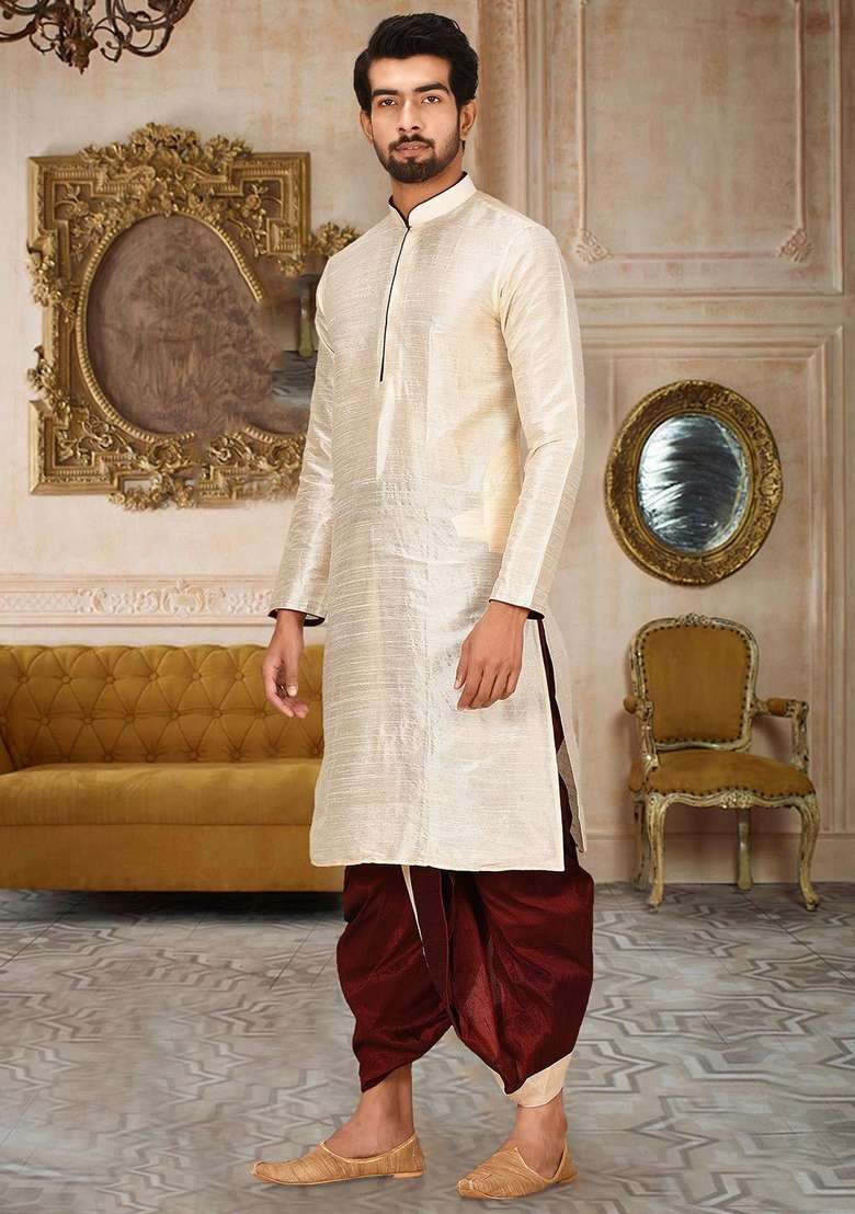 Deep Cream Solid Art Silk Blend Kurta Sets For Men - Indya