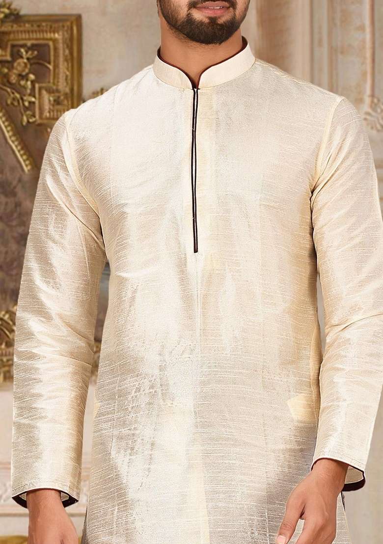 Deep Cream Solid Art Silk Blend Kurta Sets For Men - Indya