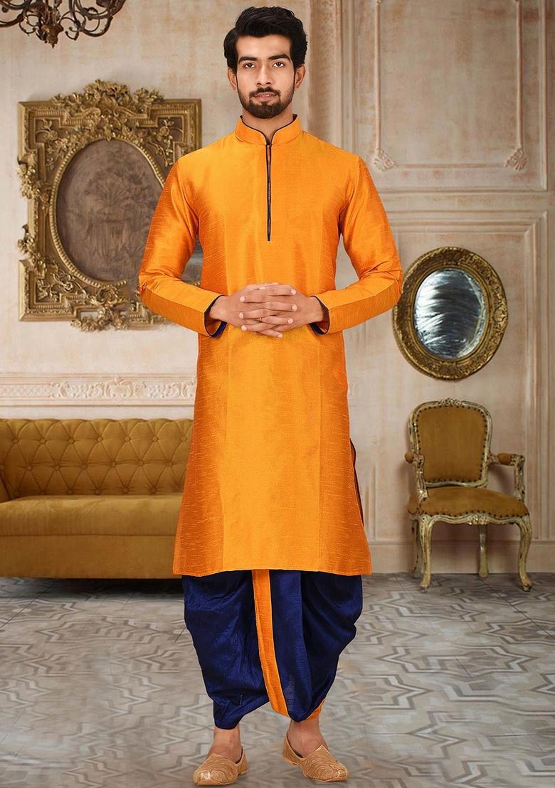 Mustard Yellow Solid Art Silk Kurta Sets For Men