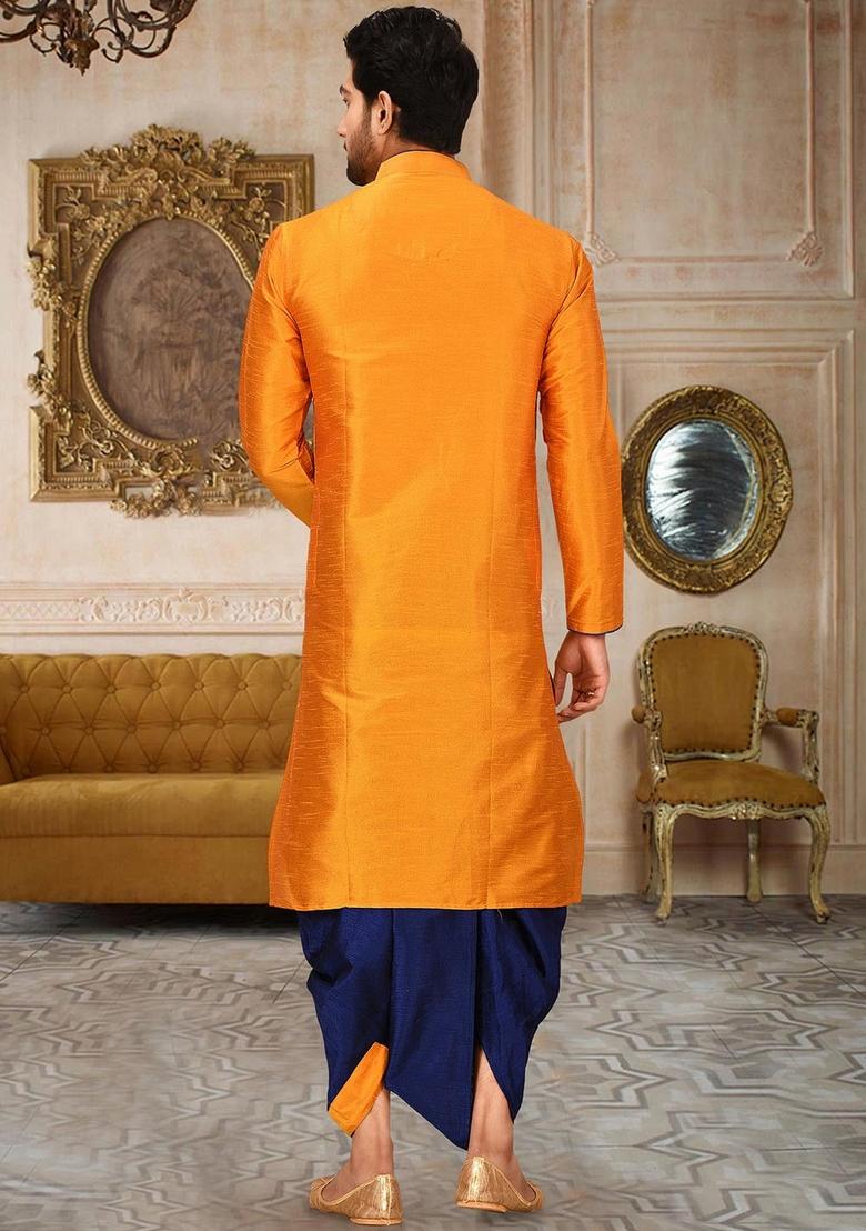Mustard Yellow Solid Art Silk Kurta Sets For Men