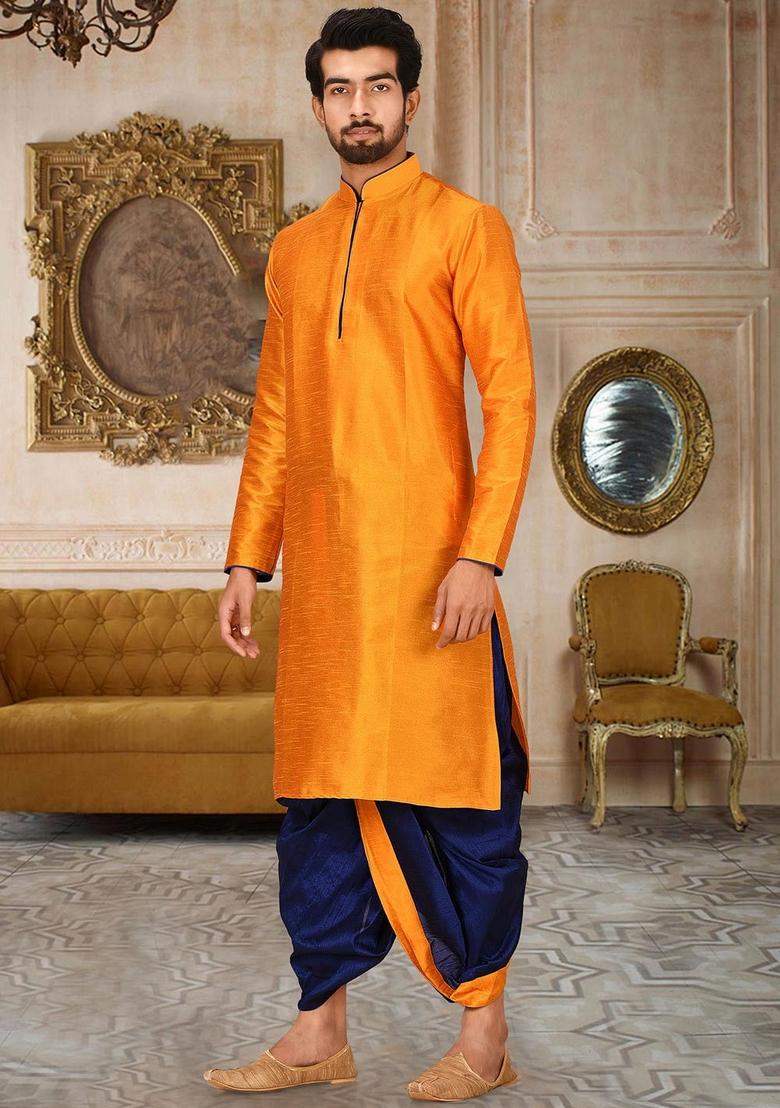 Mustard Yellow Solid Art Silk Kurta Sets For Men