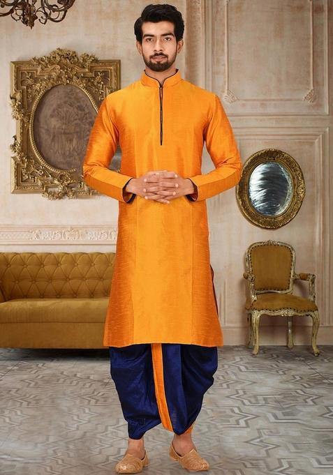 Mustard Yellow Solid Art Silk Kurta Sets For Men