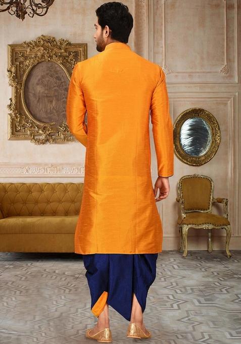 Mustard Yellow Solid Art Silk Kurta Sets For Men