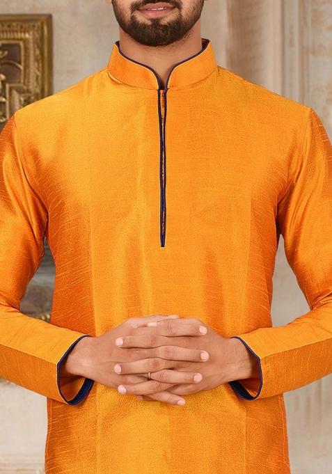 Mustard Yellow Solid Art Silk Kurta Sets For Men