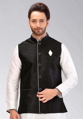 Black Solid Art Silk Nehru Jacket For Men