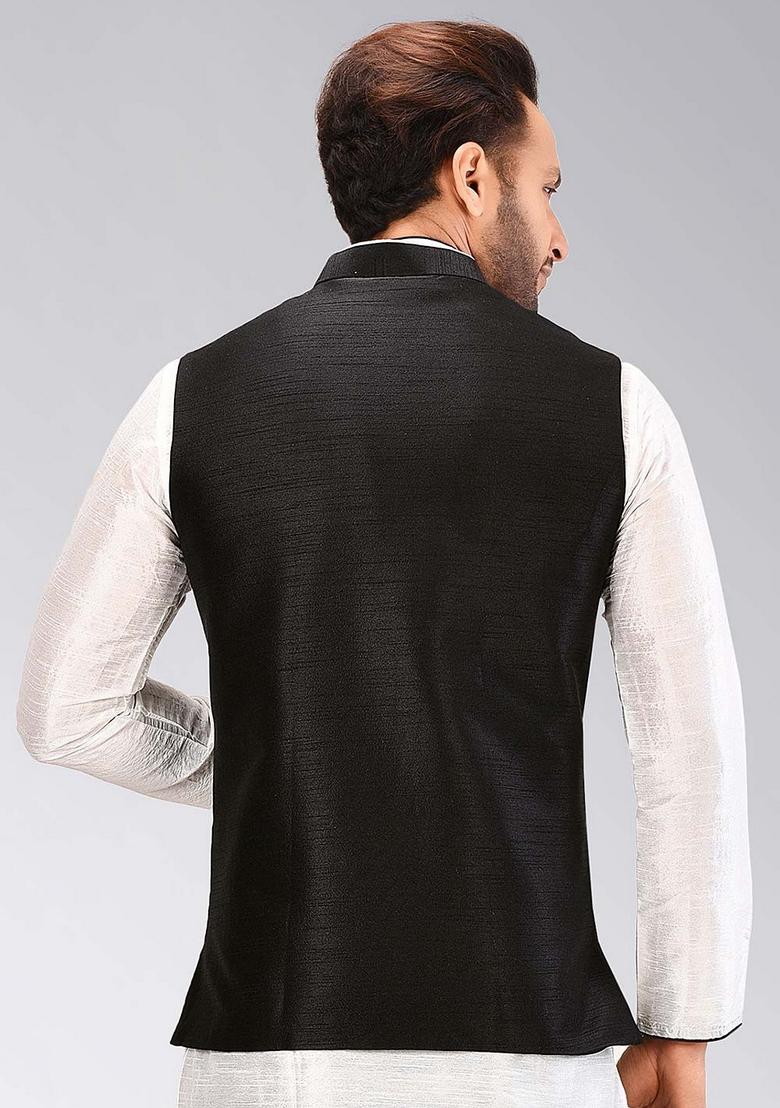 Black Solid Art Silk Nehru Jacket For Men - Indya