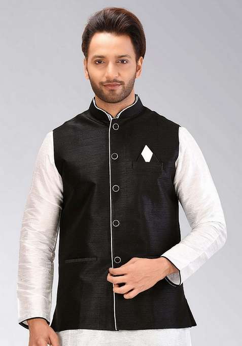 Black Solid Art Silk Blend Nehru Jacket For Men