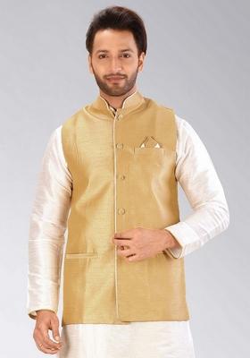 Brown Solid Art Silk Nehru Jacket For Men
