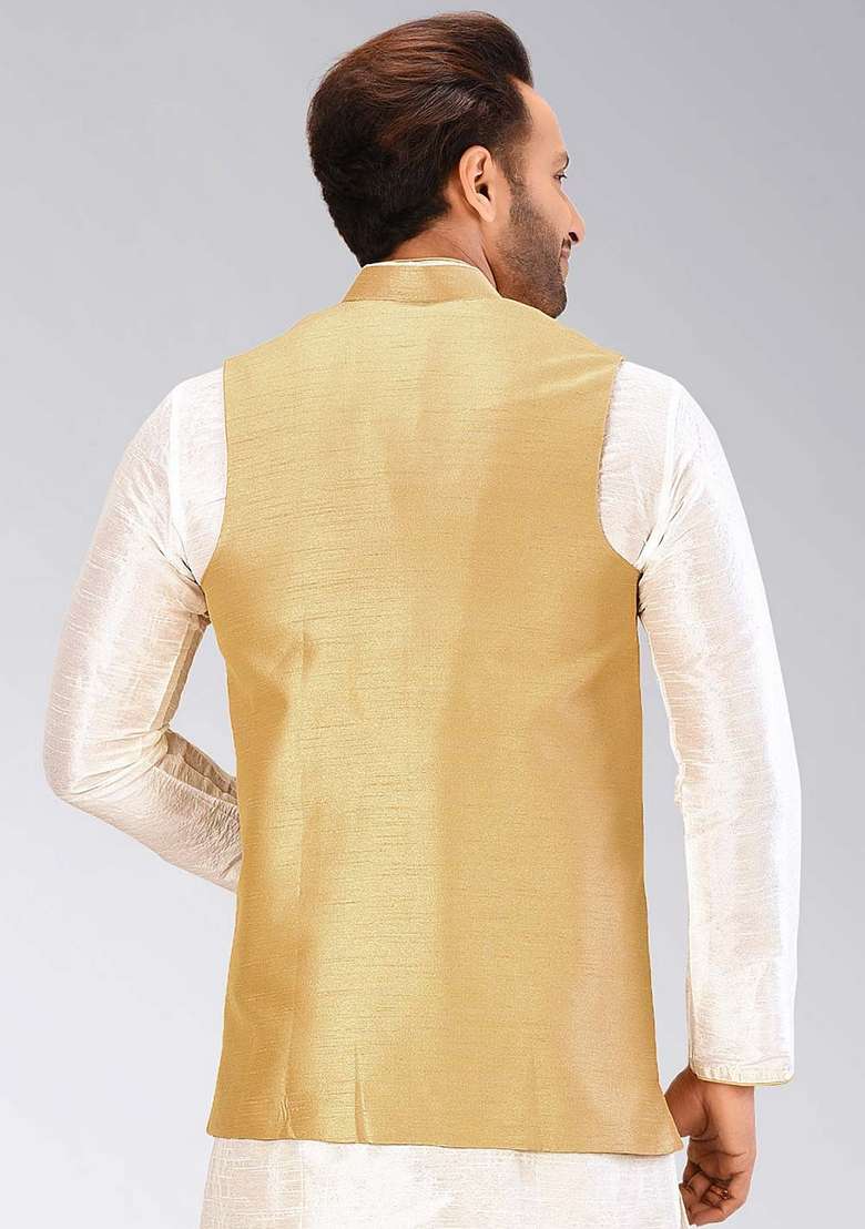 Brown Solid Art Silk Blend Nehru Jacket For Men - Indya