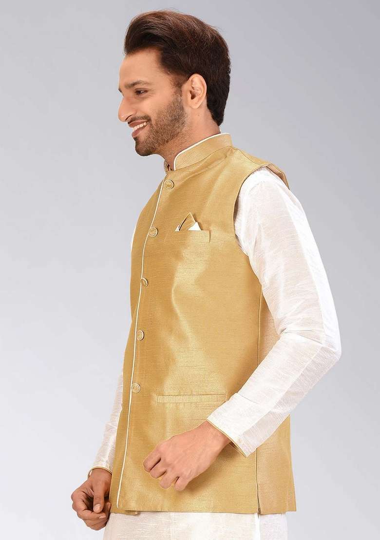 Brown Solid Art Silk Blend Nehru Jacket For Men - Indya