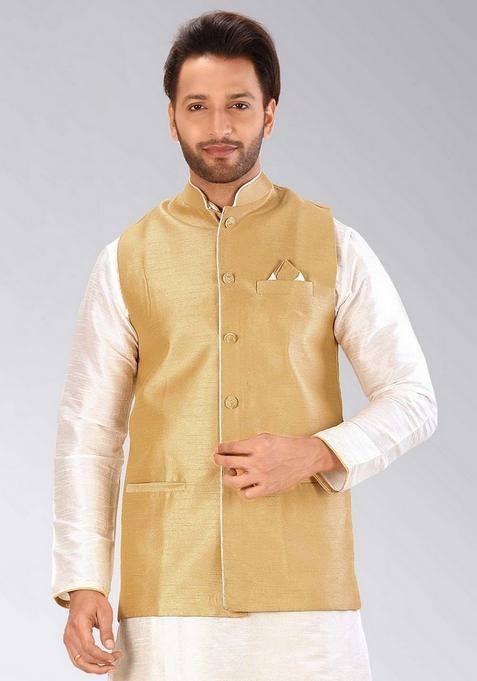 Brown Solid Art Silk Nehru Jacket For Men — view on Indya