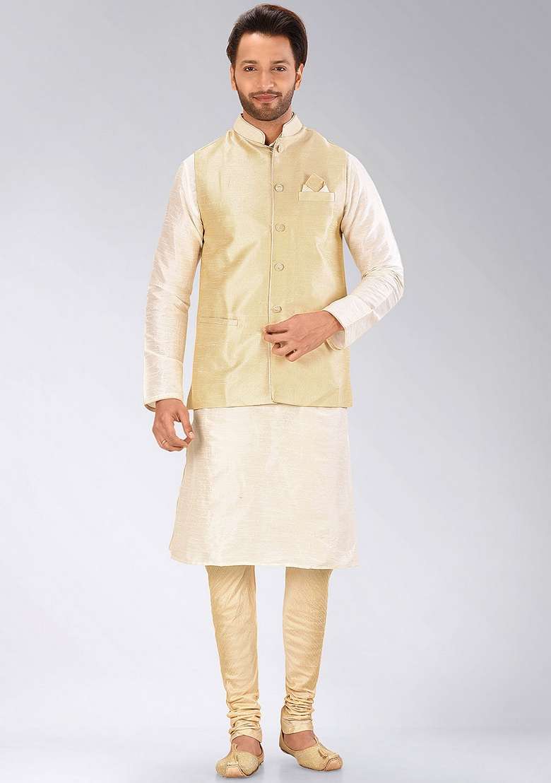 Peach Solid Art Silk Blend Nehru Jacket For Men - Indya