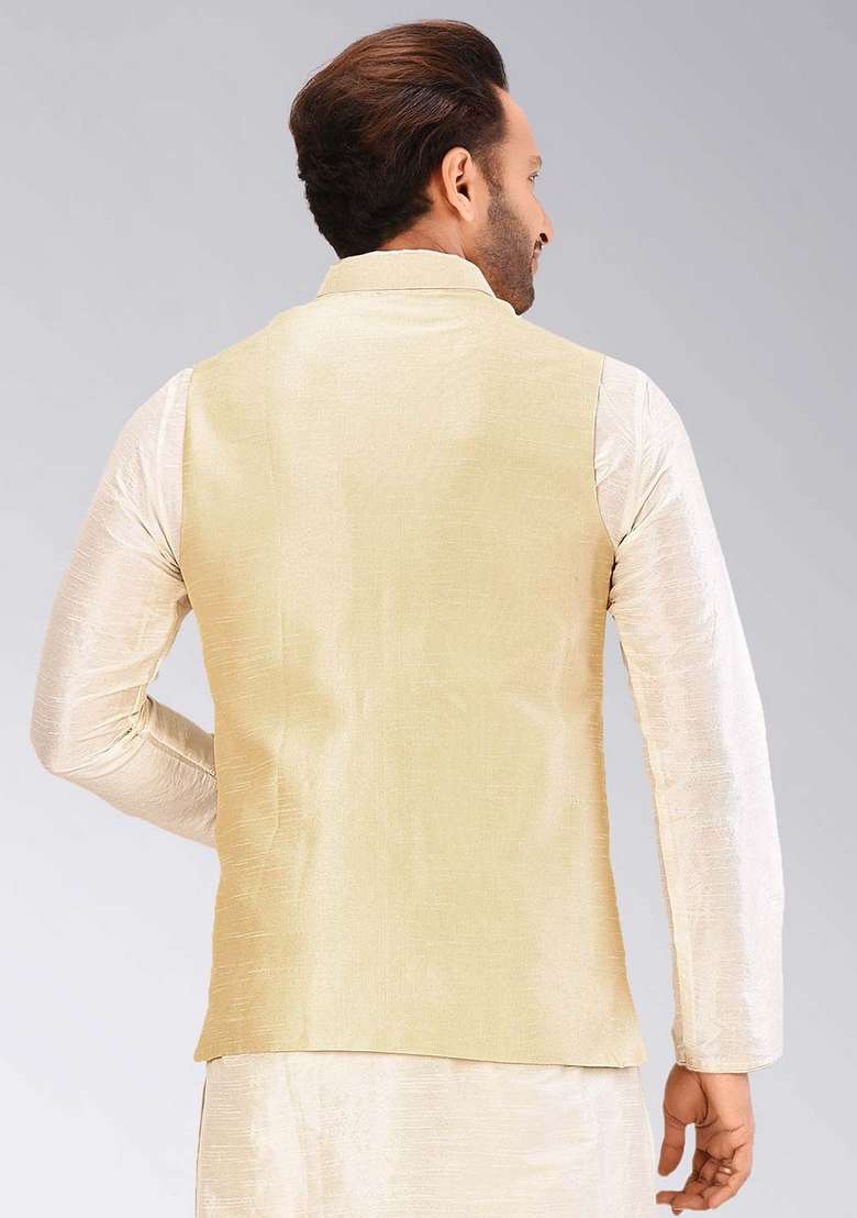 Peach Solid Art Silk Blend Nehru Jacket For Men - Indya