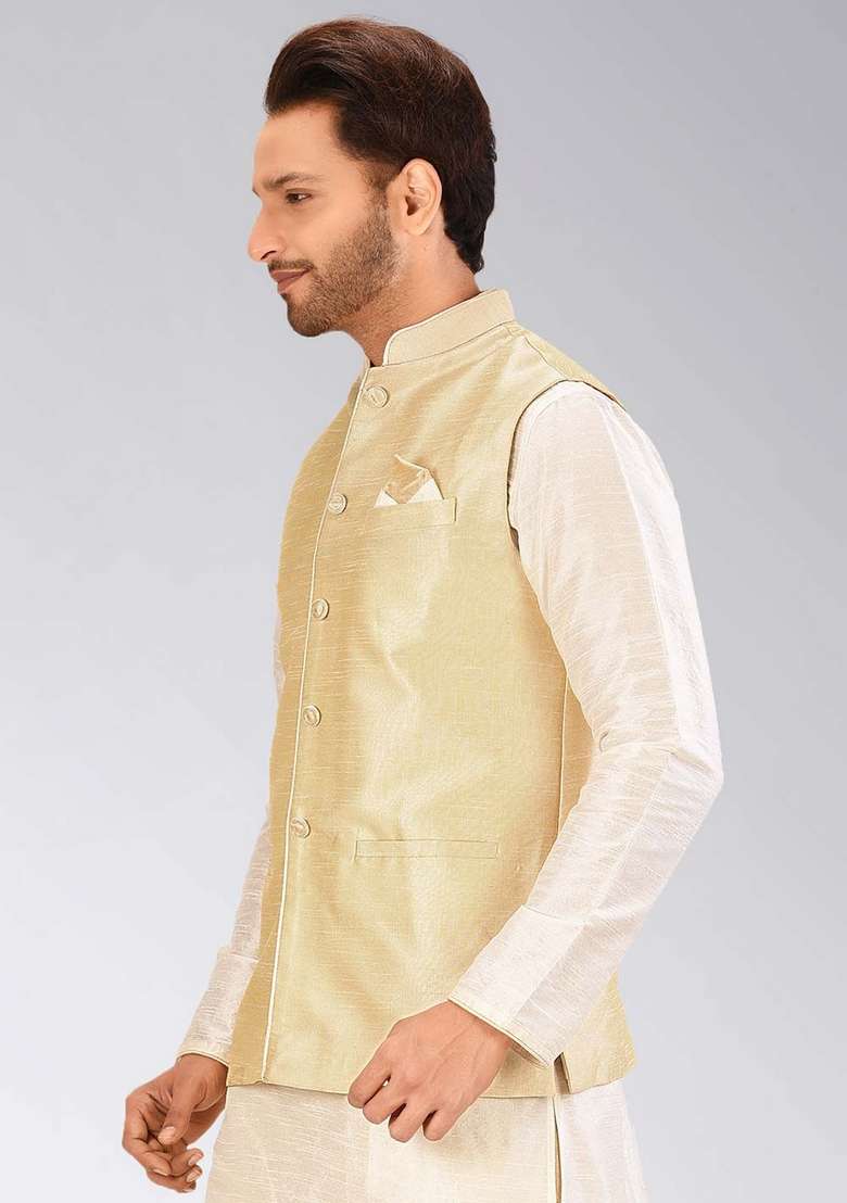 Peach Solid Art Silk Blend Nehru Jacket For Men - Indya