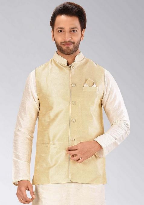 Peach Solid Art Silk Nehru Jacket For Men — view on Indya