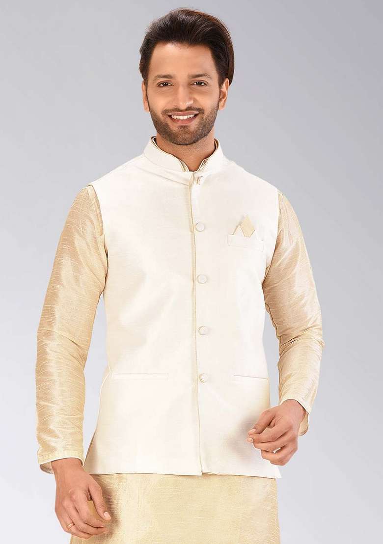 Cream Solid Art Silk Blend Nehru Jacket For Men - Indya