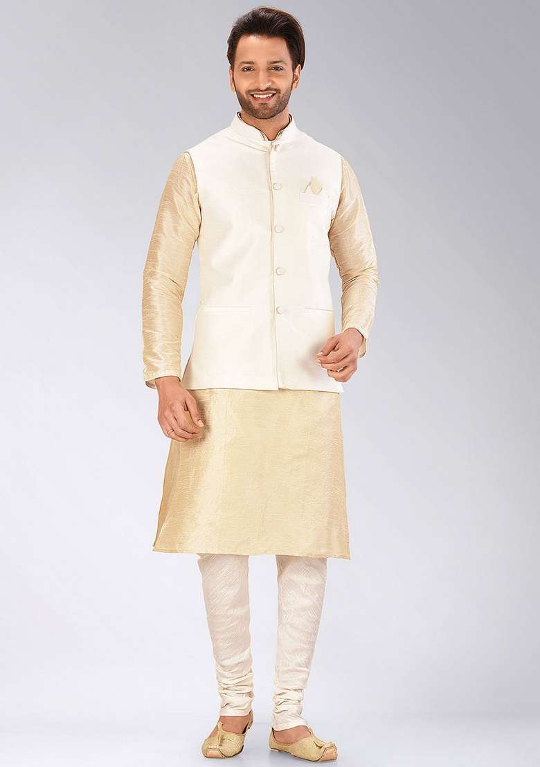Cream Solid Art Silk Blend Nehru Jacket For Men - Indya