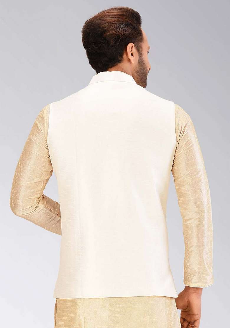 Cream Solid Art Silk Blend Nehru Jacket For Men - Indya
