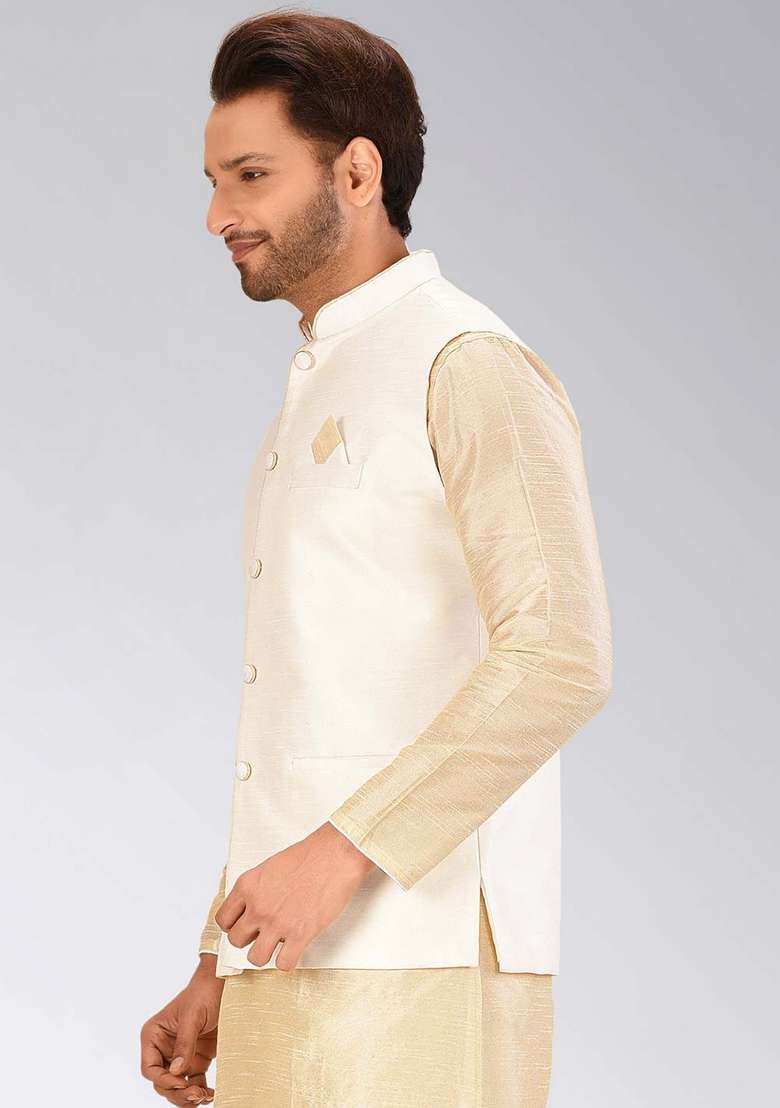 Cream Solid Art Silk Blend Nehru Jacket For Men - Indya