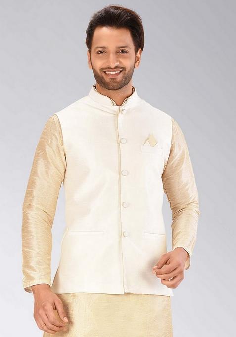 Cream Solid Art Silk Blend Nehru Jacket For Men
