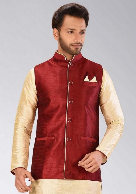 Red Solid Art Silk Nehru Jacket For Men — view on Indya