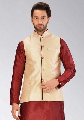 Peach Solid Art Silk Nehru Jacket For Men