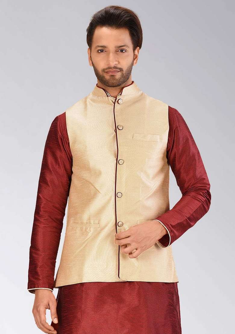Peach Solid Art Silk Blend Nehru Jacket For Men - Indya