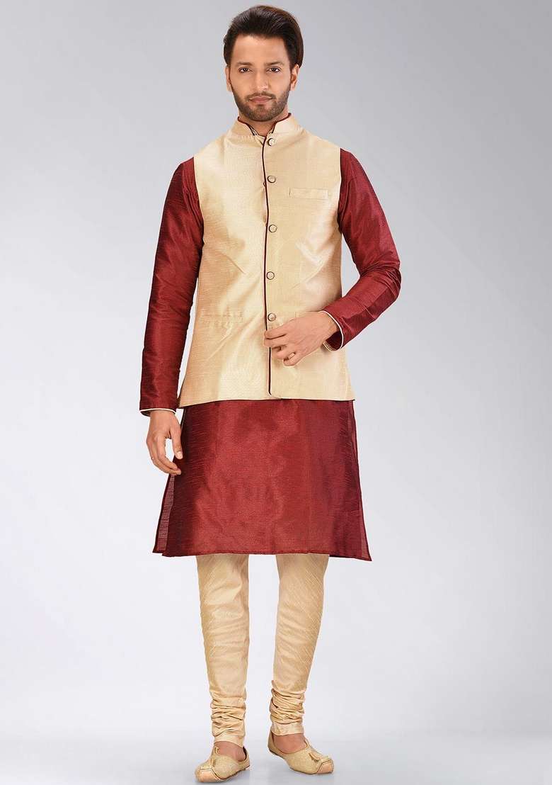 Peach Solid Art Silk Blend Nehru Jacket For Men - Indya