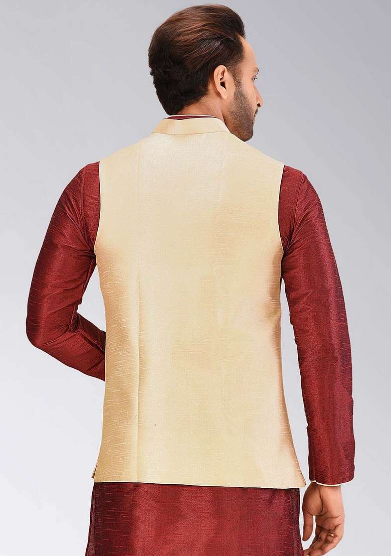 Peach Solid Art Silk Blend Nehru Jacket For Men - Indya