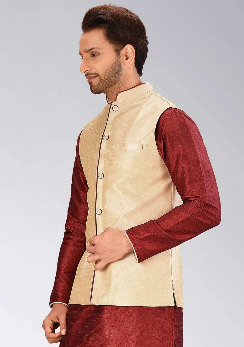 Peach Solid Art Silk Blend Nehru Jacket For Men - Indya