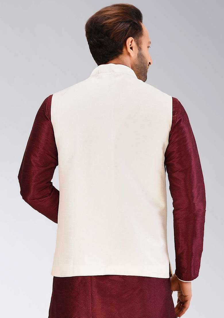 Cream Solid Art Silk Blend Nehru Jacket For Men - Indya